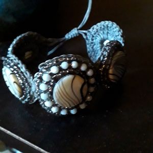 Gray agate & crystal knitted adjustable bracelet